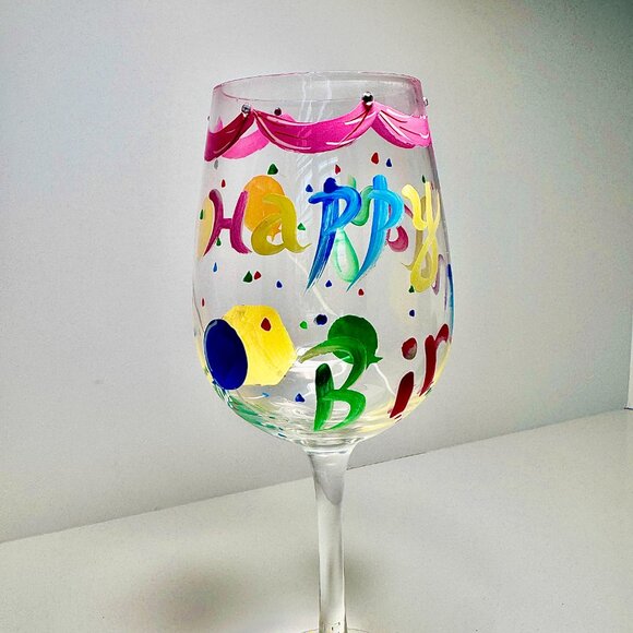 Hand Painted Happy Birthday Wine Glass by De-Lite - Picture 2 of 13